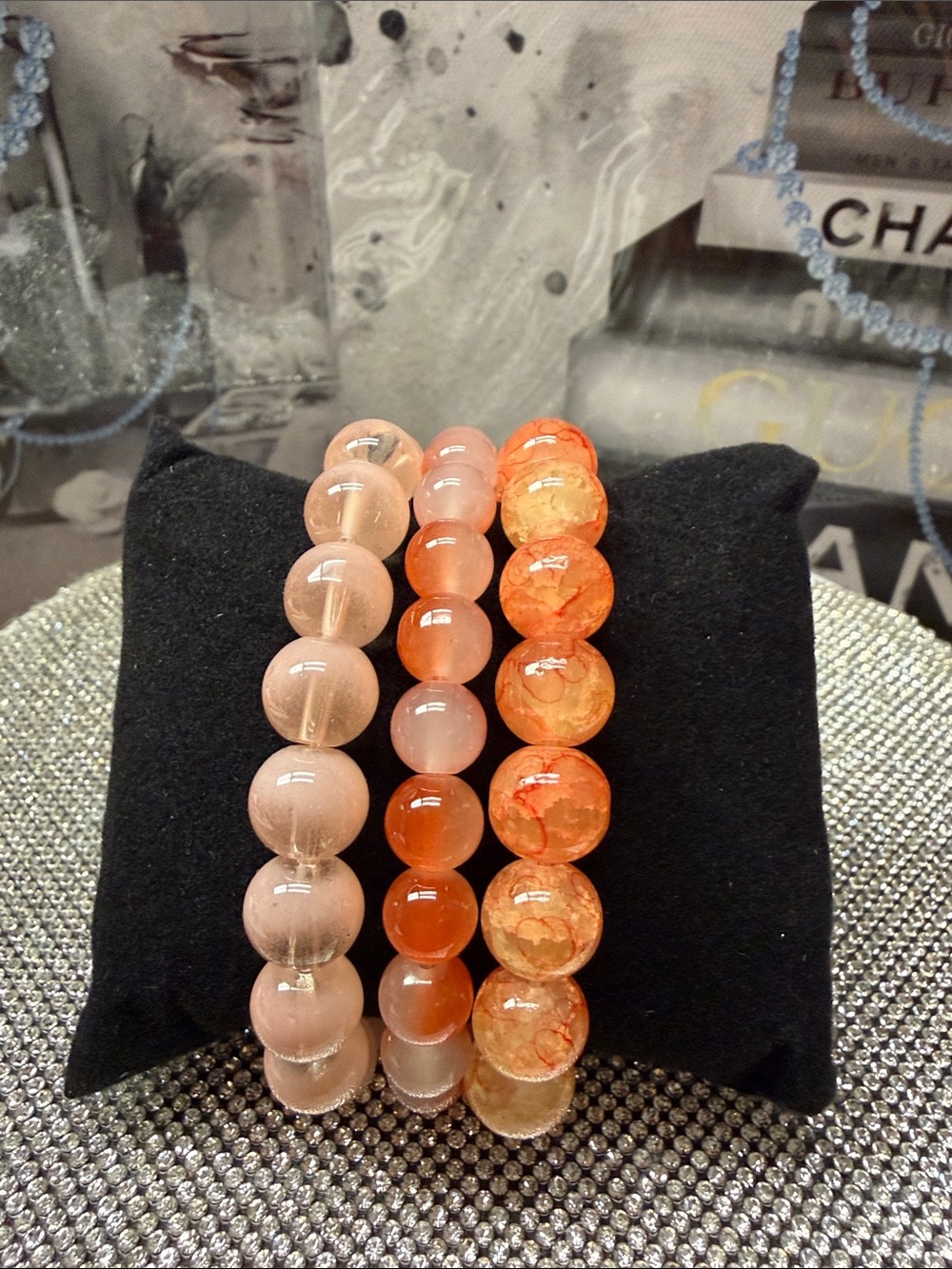 Three-Piece Orange glass Beaded Stretch Bracelet Set for Women. 🆕